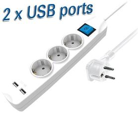Transmedia 3 way power strip with two USB charging ports 1 5m white